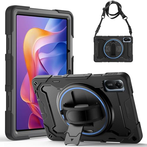 Gerutek Funda Anticaída para Xiaomi Redmi Pad 2 11 Pulgadas (2025 Modelo), Carcasa Rugosa con Soporte 360° Giratorio, Correa de Mano/Hombro, Portalápiz, Funda Antichoque para Redmi Pad 2 11, Negro