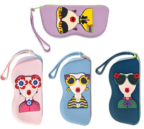 TAIZER 4 pezzi Porta Occhiali,Custodia Occhiali da Sole,Custodia Occhiali Morbida,Elegante e Semplice, Silicone con Disegno a Fumetti Custodia Portatile per Occhiali da Viaggio