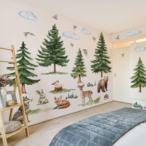 AMIGO Wandtattoo Dschungel Tiere Baum Zweig Wandaufkleber Bär Kaninchen Wolf Hedgehog Sika-Hirsch Fuchs Wandsticker Kinderzimmer Babyzimmer Wohnzimmer Wanddeko