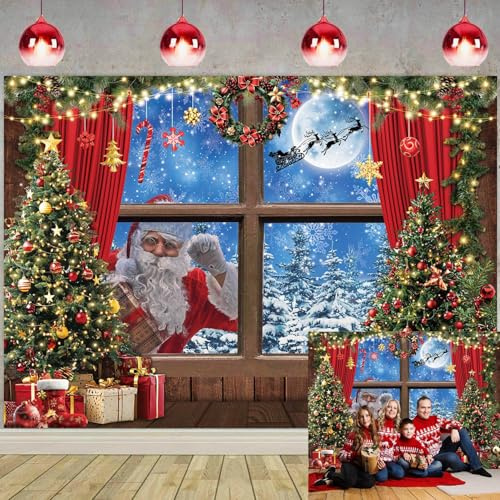 Fotohintergrund für Weihnachten, Fenster, Weihnachtsmann, Foto-Hintergrund, Winter, Weihnachtsbaum, Schnee, Wald, Banner, Neujahr, Party, Dekoration, Zubehör, Studio-Requisiten (210 x 150 cm)