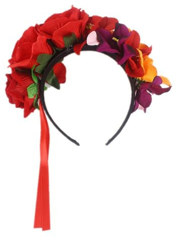Hohopeti Rotes Haarband mit Blumenmuster aus Polyester für Festival und Halloween Party Attraktiver Blumenhaarkranz für Damen und Kinder Schönes Kopfband mit Rosenblüten
