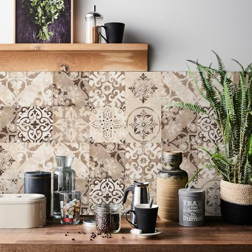 Ntrniva 10x10cm Victorian Tile Stickers, Khaki, 24pcs