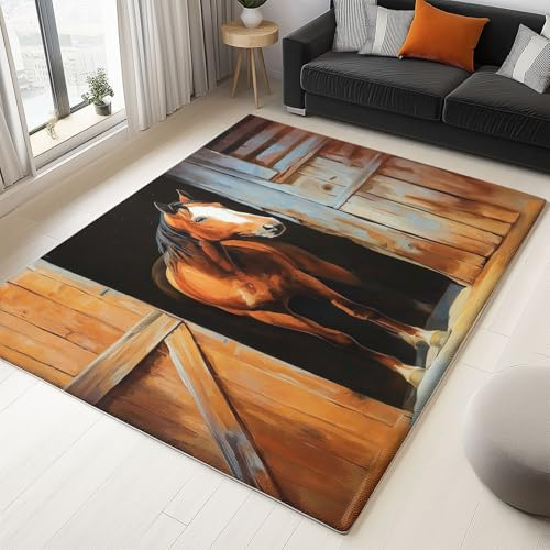 Generisch Waschbarer Teppich Wohnzimmer Modern Tiere Holzhaus Pferd, Weicher Kurzflor Teppich Groß 100 x 150 cm für Esszimmer Schlafzimmer Badezimmer Flur mit Rutschfester Unterseite