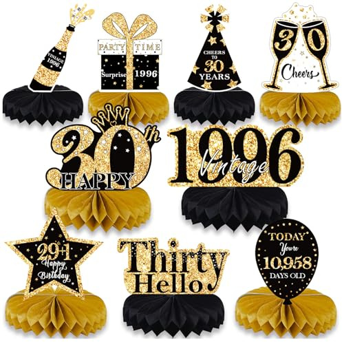 NINESPRING 30. Geburtstag Tischdeko Schwarz Gold,9 Stück Bienenwaben Deko Tischaufsätze Set,Tischdekoration für 30. jährige,30 Geburtstag Deko für Männer und Frauen