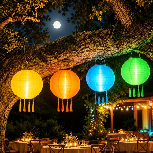 4 Stück 25CM Lampions Solar Garten Laterne,Solar Lampions,Wasserdicht Nylon Hängende Gartenlaterne Beleuchtung,Hängende Nylon Laterne für Garten, Hof, Terrasse, Hochzeit, Fest Deko (Weißes Licht)