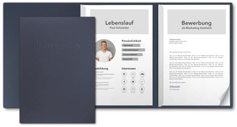 5 Stück 3-teilige Bewerbungsmappen favorit Königsblau mit 2 Klemmschienen - sehr stabiler 350 g/m² Naturkarton mit eindrucksvoller Relief-Prägung BEWERBUNG - direkt vom deutschen Hersteller STRATAG