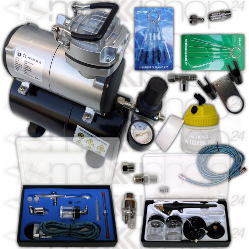 Airbrush-Set AS-186-E1 Komplett-Set Kompressor Set 12tlg. Mit 2 Pistolen