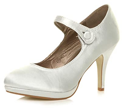Ajvani Womens Ladies mid high Heel Mary Jane Strap Evening Court Shoes Pumps, 5 UK, Silver Satin