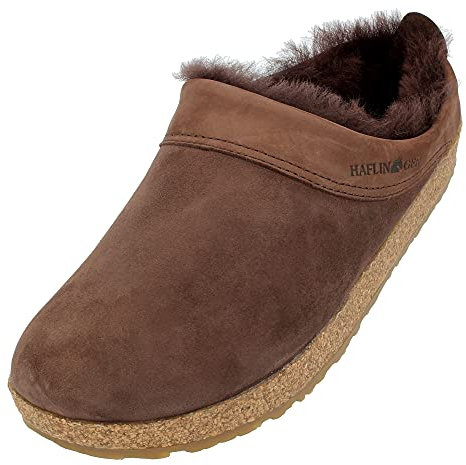 HAFLINGER Lammfellclog Snowbird Filzpantoffel Hausschuh Dunkelbraun (Kaffee 65), Gr 45