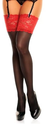 Glamory Luxury 20 bas jarretelles dentelle large Noir/Rouge M