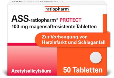 ASS-ratiopharm PROTECT 100 mg magensaftresistente Tabletten, 50 Stück | Magenschonender Blutverdünner gegen das Verklumpen von Blutplättchen – zur Prophylaxe eines neuen Infarktes