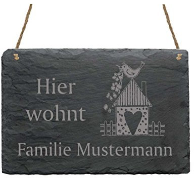 Schiefertafel « Hier wohnt Familie - IHR NAME - » mit Motiv Vogelhaus - Türschild Klingelschild Namensschild - Größe ca. 22 x 16 cm