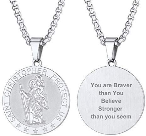 PROSTEEL Heiliger Christophorus Kette Edelstahl personalisiert Runde Anhänger mit Saint Christopher Motiv Schutzpatron der Reisenden Medaille Amulett Modeschmuck für Männer Frauen