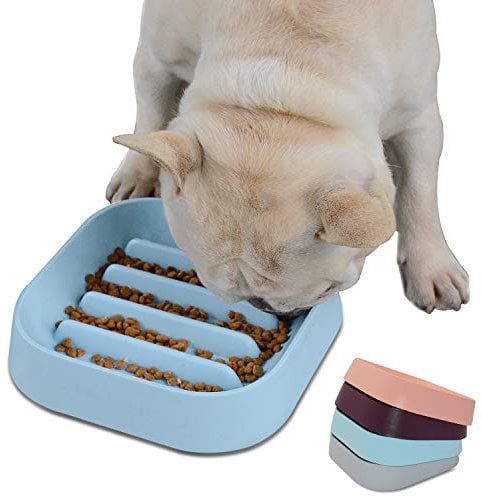 Hifrenchies Healthy Slow Feeding Dog Bowl for French Bulldog -Slow Feeder Dog Bowl No Chocking Dog Cat Food Bowl with Striped Shape Pattern (Blue)