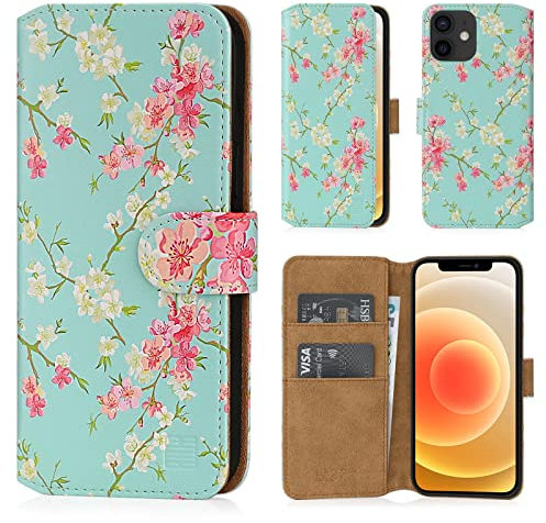 32nd Floral Series 2.0 - Design PU Leather Book Wallet Case Cover for Apple iPhone 12 Mini (5.4), Designer Flower Pattern Wallet Style Flip Case With Card Slots - Spring Blue