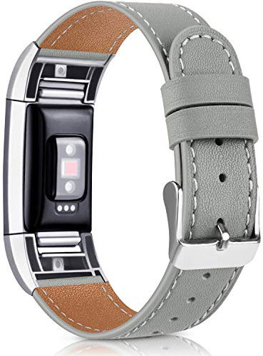 Vancle Kompatibel für Fitbit Charge 2 Armband, Klassisch Echt Lederarmband Ersatzarmband für Fitbit Charge 2 (Grau)