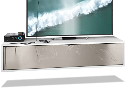 Vladon TV Board Lana 140 Hängeschrank Lowboard 140 x 29 x 37 cm, Made in Germany, Korpus in Weiß matt, Fronten in Sandgrau Hochglanz | Große Farbauswahl