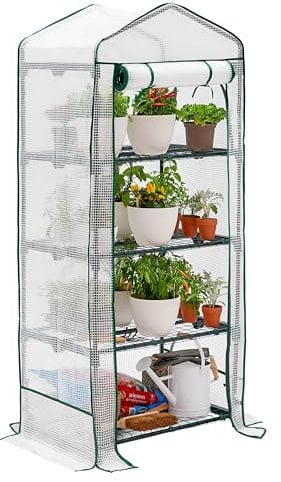 Invernadero de Terraza y Jardín - para Cultivar Tus Propias Verduras y Flores - con Cubierta de Plástico y Estantes de Alambre Resistentes - Ideal para Espacios Reducidos (4 Niveles)