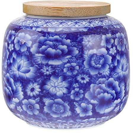 Ceramic Vintage Chinese Style Tea Canister with Airtight Wood Lid - 230ML Blue Tea Storage Jar for Kitchen Spice Coffee Condiment