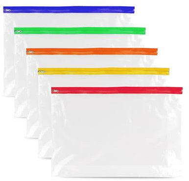 Pack of 5 A4 Plus Zipper Pouch Document Bags Wallets - 370mm x 260mm Assorted Color, File Storage Zip Bag - Ziplock Document Holder