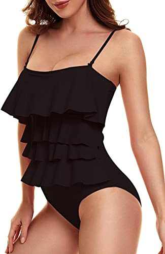 JFAN Femme Maillot De Bain 1 Pièce Sexy Elégant Amincissante à Volants Maillot de Bain Femme 1 Pieces Gainant Ventre Plat Grande Taille Sling Siamois Bikini Noir L