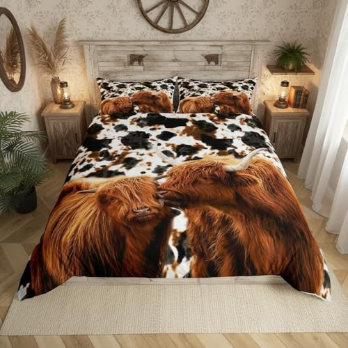 Highland Cattle Bettwäsche-Sets 200 x 200 cm, Bettbezug mit 2 Kissenbezügen, Farmhouse Western Wild Animal und Dairy Cow Fur Print, Cheesecake Tasty Food Polyester-Bettdecke für Kindergeschenk