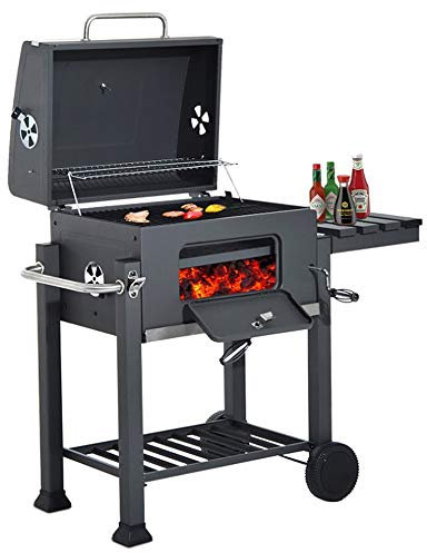 Barbacoa de carbón, Sistema de ventilación,Portátil de carbón Gouette con forma rectangular y doble parrilla, acero/FSC madera de pino, altura regulable, con ruedas (107 * 115 * 68cm)