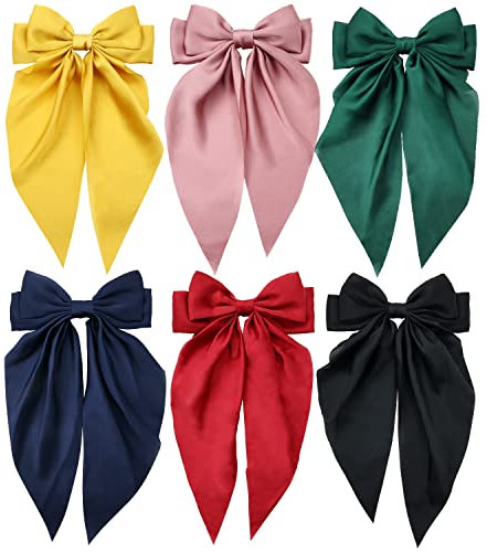 Satin-Haarschleifen, groß, übergroß, riesige Schleife, Haarspangen, französische Haarspangen mit langem seidigem Band, Schleife, Dutt, Pferdeschwanz-Halter, Zubehör für Damen, Mädchen, 6 Stück