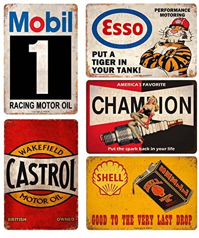 Lot de 5 affiches vintage en métal pour voiture, moto, essence, garage, magasin, bar, maison, décoration murale, 5 pièces, 20 x 30 cm