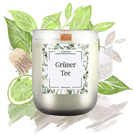 BOHORIA® Kerze im Glas Aromatherapie – Knisternder Holzdocht - Enthält natürliche Öle – Duftkerze (Grüner Tee)