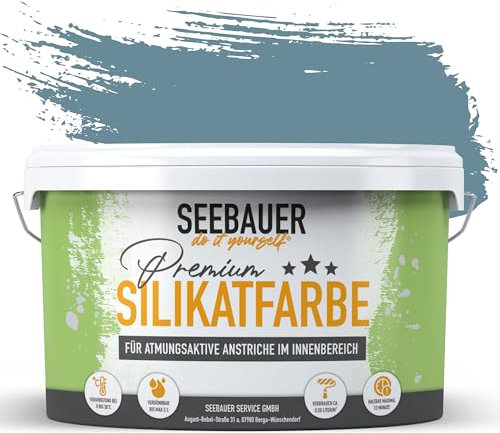 SEEBAUER diy Silikatfarbe Blau 10L für Innen (No. 802 Baltic Sea) Atmungsaktive Mineralfarbe für Allergiker - Abwaschbare Wandfarbe - Blautöne hohe Deckkraft