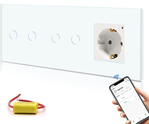 BSEED Smart Alexa Lichtschalter mit Wlan Steckdose, arbeitet mit Alexa, Google Home,Alexa Steckdose, Wandschalter, Doppel 2 Fach 1 Weg Lichtschalter Glas mit Smart Steckdose Weiß(Nullleiter unnötig)