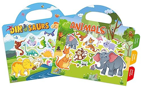 GUYUCOM 2 Pack Reusable Sticker Books for Toddlers, Durable No Glue Stickers for Kids, Activity Crafts for 2 3 4 Year Old Boys Girls Dinosaurs Animals Travel Toys on Plane Car Birthday Gifts