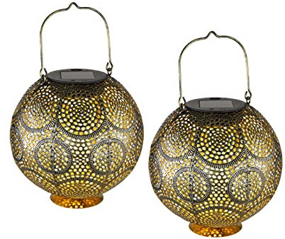 Solarlaternen 2er SET, Leuchtkugel Metall Gold Antik Ø18,5cm