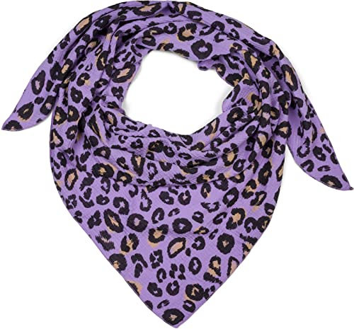 styleBREAKER Damen Musselin Dreieckstuch mit Leo Print | Baumwoll Schal im Leoparden Muster | Dreieck Schal leicht und weich für Frühling & Sommer | Made in Italy, Farbe:Flieder
