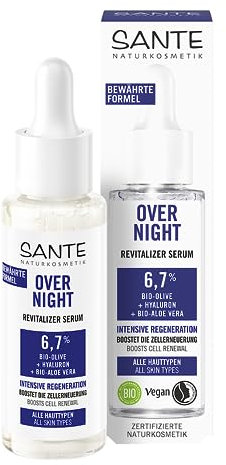 SANTE Naturkosmetik Serum mit Bio-Olive, Hyaluron & Bio-Aloe Vera, für eine intensiv revitalisierte Haut und ein geschmeidiges Hautgefühl über Nacht, Overnight Revitalizer Serum, 30 ml