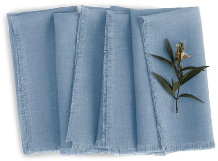 Solino Home Leinentuchservietten 50,8 x 50,8 cm - 100% reines Leinen Fransen Dinnerservietten Set von 4 - maschinenwaschbare Servietten Dusty Chambray Blue - handgefertigt aus europäischem Flachs