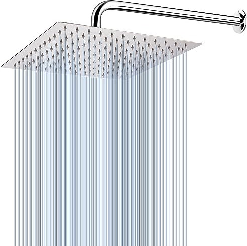 Voolan Regenduschkopf mit Verlängerungsarm, Edelstahl, ultradünn, Wasserfall-Regenduschköpfe, hoher Durchfluss, quadratisch, fester Duschkopf (30,5 cm Duschkopf mit 38,1 cm Duscharm, Chrom)