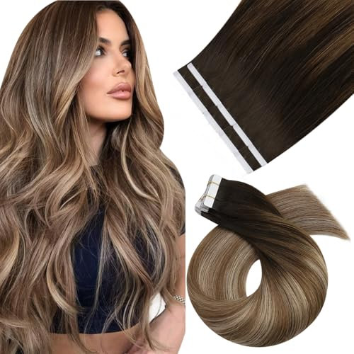 Moresoo Tape in Extensions Echthaar Nahtlose Braun Haarverlängerung Echthaar Tapes Dunkelbraun bis Goldbraun mit Honigblond Tape Extensions Echthaar Braun 50 cm 10 Stück/25g #4/10/16 20 Zoll