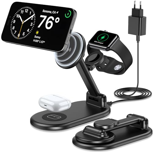 3 in 1 Mag-Safe Magnetisches Ladegerät für iPhone 15 14 13 12 Pro Max/Pro/Mini/Plus, Faltbare Ladestation für Apple Watch Ultra 9 8 7 6 SE 5 4 3, Wireless Charger for Air Pods -mit 20W USB C Ladegerät