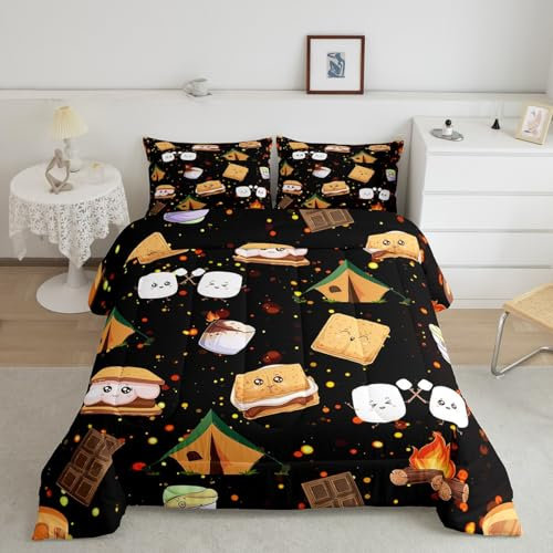 Feelyou Süßes Marshmallow-Bettwäsche-Set, Doppelgröße, niedliches S'Mores-Keks-Steppdecke für Jungen, Teenager, Happy Camping, Bettwäsche-Set, atmungsaktiv, Outdoor-Abenteuer, Bettwäsche-Set,