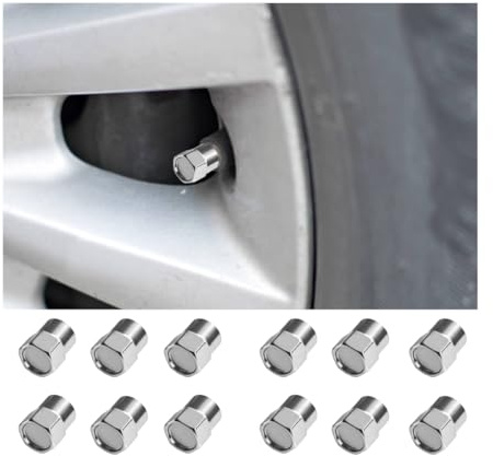 JNNJ 12 Stück Auto Ventilkappen Abdeckung, Autoventil Aluminium Kappen, Reifenventil-Staubkappen Mit Dichtung Universal Sechskant Ersatz, Ventilkappen Auto(Silber)
