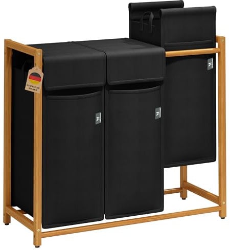 AdelDream Wäschekorb 150L – Bambus Wäschesortierer mit 3 Fächern, abnehmbarer & atmungsaktiver Wäschesack, Wäschebox für Schmutzwäsche & Aufbewahrung im Badezimmer, Waschküche & Schlafzimmer, Schwarz