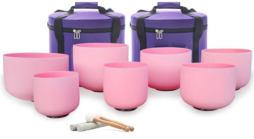 Hye-eun Klangschalen-Set, 15,2–30,5 cm, 432 Hz, rosa Kristall-Klangschalen, 7 Stück, Quarz-Mattierung, Chakra-Soundschalen mit violetter Tragetasche für Yoga, Therapie, Meditation, Heilinstrumente
