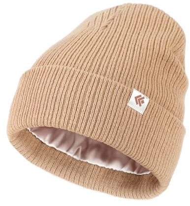 Creekstone Satin Gefütterte Wintermütze Unisex Slouchy Beanie für Haar, Warme Wollmütze Satin Lined Beanie Mütze für Damen Herren (DE/NL/SE/PL, Alphanumerisch, Einheitsgröße, Khaki)