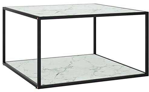 Sufrk - Mesa de café negra con cristal de mármol blanco, 90 x 90 x 50 cm, mesa baja pequeña, mesa baja retro