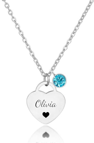 Personalise Heart Pendant Necklace with Birth Stone Engraved Name 3 Colours, Symbols Gift for Wife, Mother, Grandmother Sister Auntie Birthday Gift 13th, 16th, 18th, 21st 30th.