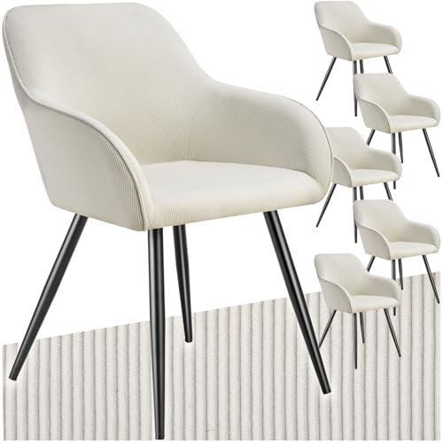 tectake® 6X Esszimmerstuhl, Sessel bequem mit Armlehne, Polsterstuhl, Cord Cocktailsessel, Loungesessel für Wohnzimmer, Esszimmer, Moderne Küchenstühle, Bürostuhl - Creme/schwarz