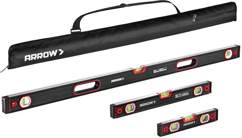 ARROW 3-Piece Spirit Level Set Included 9/16/48 Level with 45°/90°/180° Bubbles, Carrying Bag, Aluminum Alloy Body, Precision-Machined Base & Shockproof Rubber End Caps for Construction, Carpentry