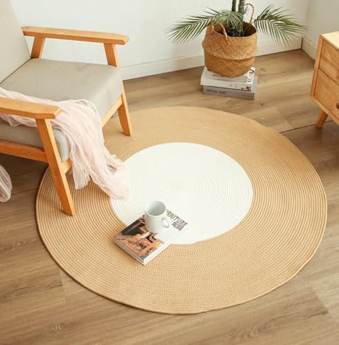 INKAROBOX Handgewebter runder Teppich, Reine Baumwolle, Bauernhaus-Teppiche mit Quasten im Retro-Look, runde Teppiche für Schlafzimmer, Wohnzimmer, Tisch, Büro (Weiß/Beige, 100 cm Rund)